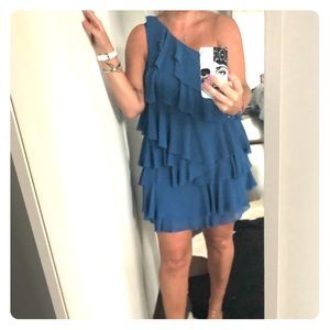 H&M Ruffle dress Blue + One shoulder